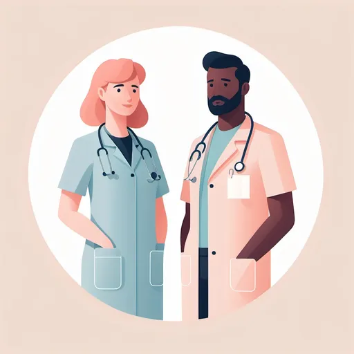 Prompt: A flat illustration of two European healthcare Employer standing, half body shot, with soft pastel tones and minimalistic details, shadows, evoking teamwork and inclusivity