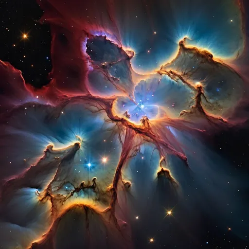 Prompt: Majestic view of a star-forming region, bright young stars, swirling clouds of gas and dust, deep reds and bright blues, intricate filaments and tendrils, glowing edges, planetary nebulae with vivid colors, distant galaxies visible, a sense of cosmic birth and creation, stunning and intricate details, vibrant and dynamic, otherworldly beauty, by NASA, ESO, David A. Hardy, 4K UHD image, HDR, panoramic view, depth of field, high saturation, realistic textures, 16:9 aspect ratio, photorealistic, ultra-sharp focus, cinematic lighting, intricate shadows, cosmic composition —v 5 —q 2