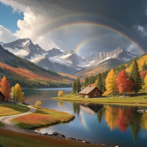 Prompt: Majestic mountain landscape, snow-capped peaks, rolling green hills, a calm, reflective lake at the base, dramatic cloud formations, a rainbow arching over the scene, vibrant autumn foliage on the lower slopes, a small wooden cabin by the lake, smoke rising from the chimney, animals like elk and eagles, peaceful and awe-inspiring, crisp and clear, vibrant and detailed, natural beauty, dynamic lighting, by Albert Bierstadt, Thomas Moran, Ansel Adams, 4K UHD image, HDR, panoramic view, depth of field, high saturation, realistic textures, 16:9 aspect ratio, photorealistic, ultra-sharp focus, cinematic lighting, intricate shadows, natural composition —v 5 —q 2