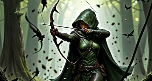 Prompt: a black elf woman ranger facing away from viewer. Wearing a dark green and black leather cloak. shooting a bow with a swarm of millions of moths flying circles above her, Clint Cearley, fantasy art, epic fantasy character art, concept art