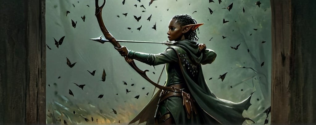 Prompt: a black elf woman ranger facing away from viewer. Wearing a dark green and leather cloak. shooting a bow with a swarm of many moths flying above her, Clint Cearley, fantasy art, epic fantasy character art, concept art
