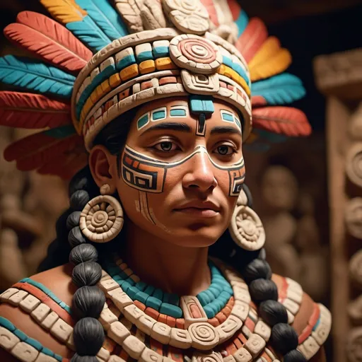 Prompt: (Photorealistic portrait of a human recreating Mayan ceramic figurines), vibrant color scheme, Jaina island, precise details, faithfully recreated Mayan ceramic art, realistic textures, highly detailed facial features and expressions, lifelike skin tones, detailed regalia and decorations, intricate patterns, historical authenticity, warm lighting, lush background representing Campeche environment, 4K, ultra-detailed, high resolution, cinematic quality, professional level rendering.