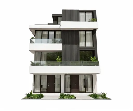 Prompt: Imagine a modern house situated in an urban area with beautiful architecture and impressive forms. The structure features white walls, striking geometric shapes, green plants, and large glass windows. The design incorporates black wooden materials, adding a touch of elegance to the overall aesthetic. The house seamless blends modern elements with natural surroundings, creating a harmonious and visually appealing urban dwelling. --ar 16:9 --v 5 --chaos 25 --q 2 --style 4c