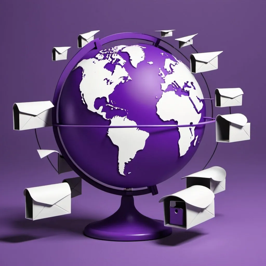 Prompt:  An illustration of a globe with various mailboxes at various vantage points, symbolizing the ability to access your mail and stay connected no matter where you are in the world. In PNG format and purple themed
