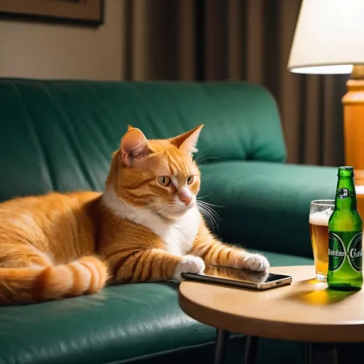 Prompt: An orange cat laying on a couch looking at a smartphone. Lasagna and a Carlsberg beer on the side table. Evening setting.