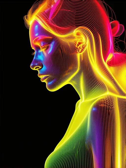 Prompt: An abstract digital image depicting the silhouette of a woman, crafted from luminous lines in vibrant shades of yellow, magenta, red, and green. The lines intertwine and flow along the woman's contours, creating a sense of dynamic movement and energy. The background is black, which makes the colours stand out intensely, highlighting the woman's figure in a striking and surreal manner. The composition evokes a blend between reality and fantasy, with a style reminiscent of a futuristic digital artwork.