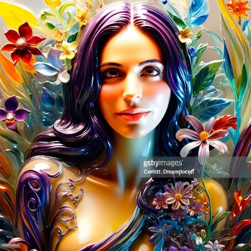 Prompt: (vibrant transparent glass sculpture of a woman), intricate floral details, surreal composition, colorful background, rich and varied hues, playful light reflections, dynamic forms, ethereal atmosphere, interconnected flowers, high detail, stunning contrasts, artistic masterpiece, invoking emotion, dreamlike quality, captivating visual experience, ultra-detailed, high quality.