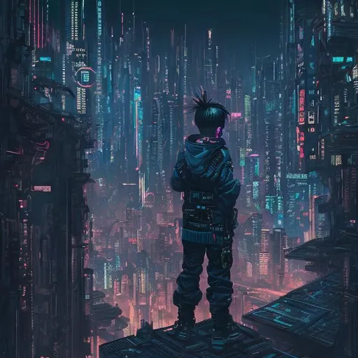 Prompt: Cyberpunk punk kid overlooking a massive futuristic metropolis at night, highrise buildings towering over, detailed urban environment, high-tech city lights casting a vibrant glow, futuristic 3D rendering, cool-toned, atmospheric lighting, intense and focused gaze, urban cyberpunk, detailed clothing and accessories, professional, highres, ultra-detailed, futuristic, cyberpunk, detailed environment, cool tones, nighttime cityscape, 3D rendering, city lights, urban, sleek design, atmospheric lighting