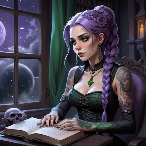 Prompt: dnd animated goth woman lilac braid and straight hair and book, intense gaze, mystical atmosphere. Books must be detailed. The woman must have a small creepy grin . TATTOOS ON FACE.  Green eyes. show neck. She is looking out a window towards stars. Necklace