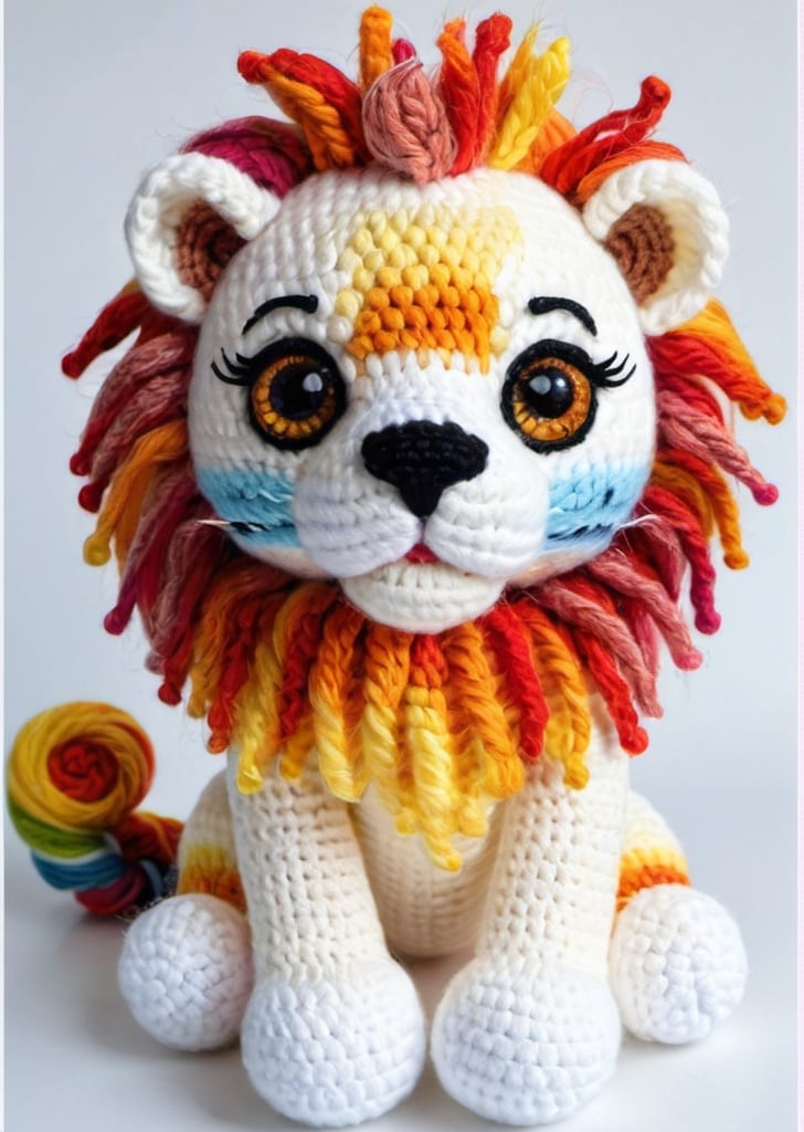 Prompt: patron crochet une lionne blanche en amigurumi avec une fourrure blanche douce tachetée de plusieurs couleurs de l'arc en ciel et des yeux arc en ciel 