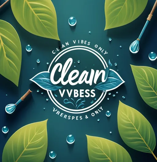 Prompt: logo with green leaves and blue water droplets, along with a broom in the middle of the leaves and water, and the words clean vibes only below