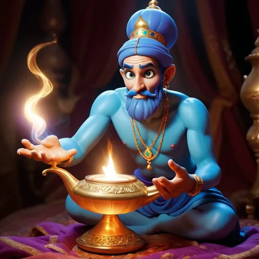 Prompt: - **Thần Đèn (Genie):** Một vị thần mạnh mẽ, bị nhốt trong chiếc đèn thần