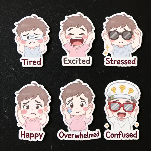Prompt: minimalistic character stickers expressing emotions like "Tired," "Excited," "Stressed," "Happy," "Overwhelmed," and "Confused."