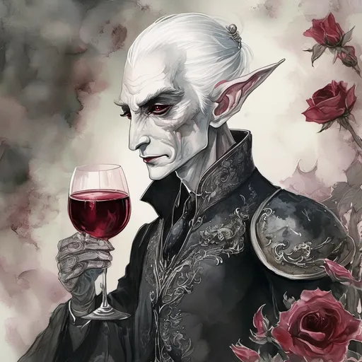 Prompt: Dark elf character portrait, long pointed ears, striking white hair, deep dark red eyes, elegant saddle rose silk suit and tie, confidently holding a wine glass, pointing to the side of his face, smoky ambiance. Inspired by renaissance artistry, intricate details, soft shadowing illuminating the features, exuding a mix of sophistication and mystery, in a high-resolution, ultra-detailed style. Perfect for showcasing a law office aesthetic: Charles Fremont Conner.