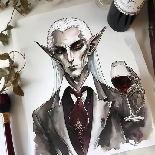 Prompt: Dark elf character portrait, long pointed ears, striking white hair, deep dark red eyes, elegant saddle rose silk suit and tie, confidently holding a wine glass, pointing to the side of his face, smoky ambiance. Inspired by renaissance artistry, intricate details, soft shadowing illuminating the features, exuding a mix of sophistication and mystery, in a high-resolution, ultra-detailed style. Perfect for showcasing a law office aesthetic: Charles Fremont Conner.