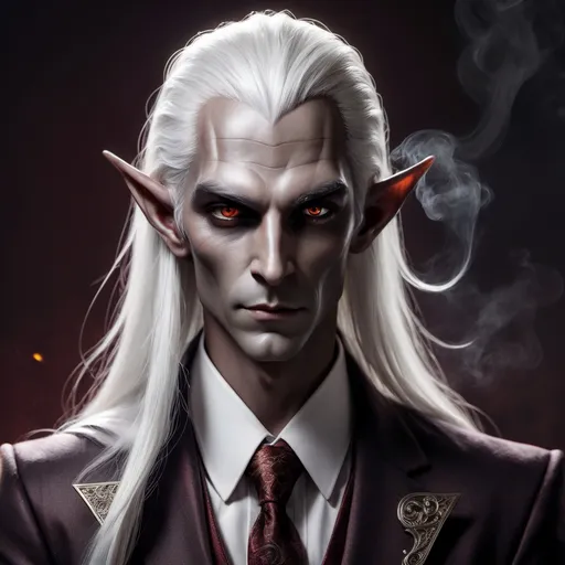 Prompt: Dark elf character portrait, long pointed ears, striking white hair, deep dark red eyes, elegant fine suit and tie, confidently holding a pipe, pointing to the side of his face, smoky ambiance. Inspired by renaissance artistry, intricate details, soft shadowing illuminating the features, exuding a mix of sophistication and mystery, in a high-resolution, ultra-detailed style. Perfect for showcasing a law office aesthetic: Charles Fremont Conner.