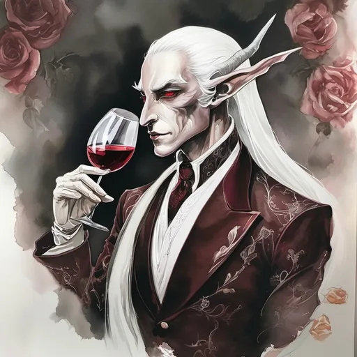 Prompt: Dark elf character portrait, long pointed ears, striking white hair, deep dark red eyes, elegant saddle rose silk suit and tie, confidently holding a wine glass, pointing to the side of his face, smoky ambiance. Inspired by renaissance artistry, intricate details, soft shadowing illuminating the features, exuding a mix of sophistication and mystery, in a high-resolution, ultra-detailed style. Perfect for showcasing a law office aesthetic: Charles Fremont Conner.
