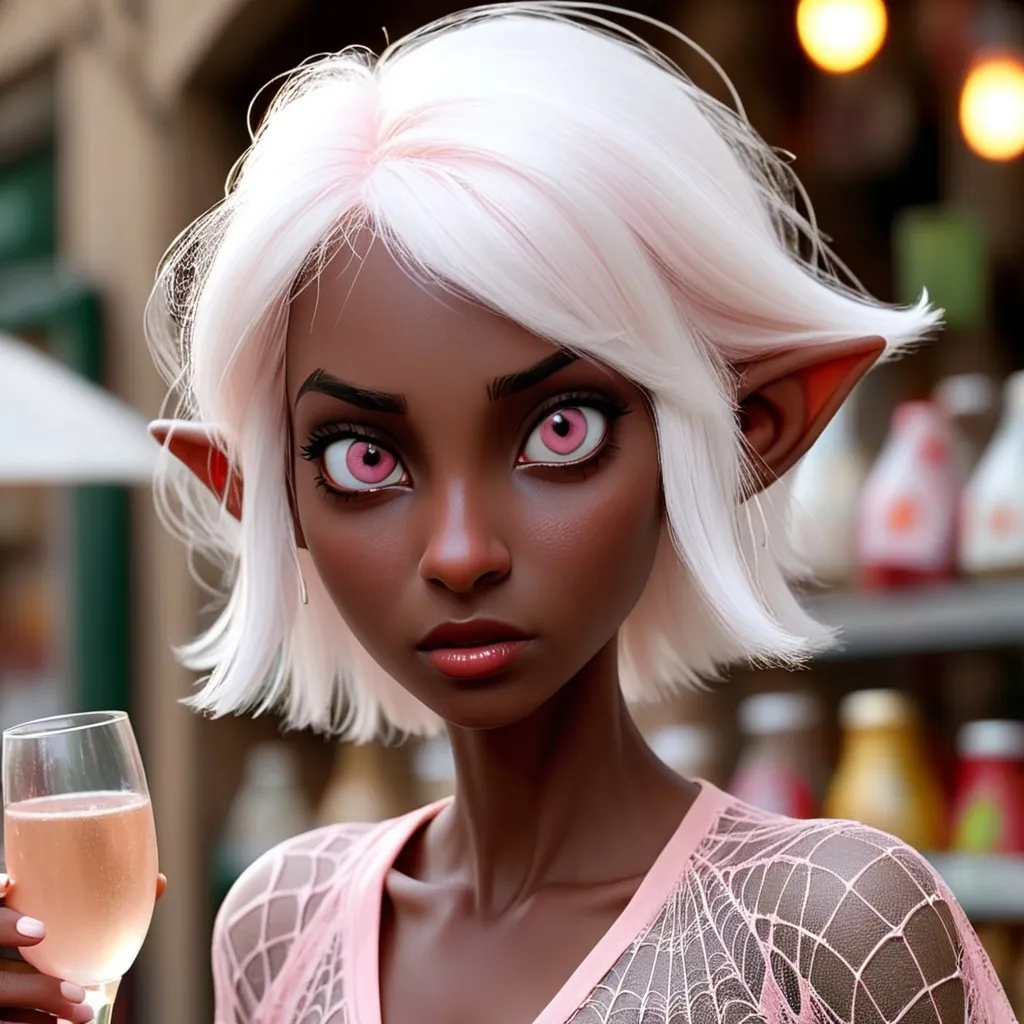 Prompt: stunningly beautiful , a thin and European face , aquiline nose female ,all white hair ,Large red eyes, black skinned elf woman , See-through spider web low cut champagne pink shirt ,short shorts , Pale pink sun rise ,walking past Italian deli, surprised buy the photo