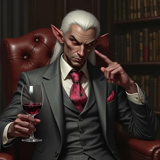 Prompt: Dark skin drow character portrait, long pointed ears, striking white hair, deep dark red eyes, finely trimmed van dike, elegant dove gray and rose pin stripes silk suit and spider print tie, confidently holding a wine glass, pointing to the side of his face, smoky ambiance, hight backed leather chair , Mahogany desk . Inspired by renaissance artistry, intricate details, soft shadowing illuminating the features, exuding a mix of sophistication and mystery, in a high-resolution, ultra-detailed style. Perfect for showcasing a law office aesthetic: Charles Fremont Conner.