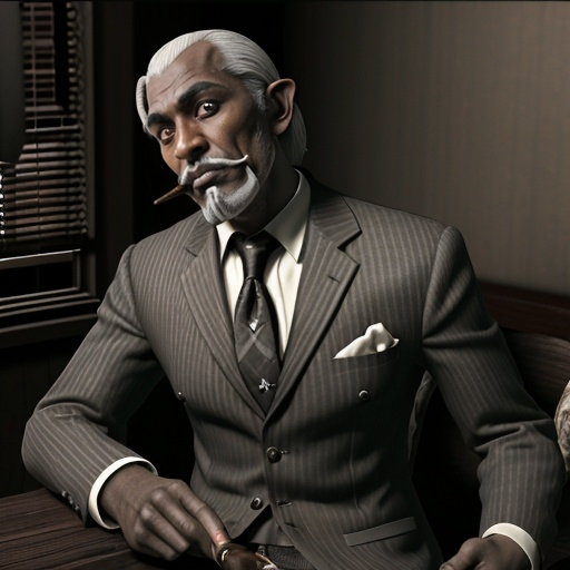 Prompt: a dark elf man in a Gray suit with Wine pinstripes and tie holding a bulldog tobacco pipe in his hand ,well trimmed long Van Dyke beard ,long pointed ears, dark skin , wight hair ,   Charles Fremont Conner, harlem renaissance, a character portrait, sepia filter