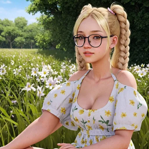 Prompt: Ultra realistic illustration of a blond girl with pigtails wearing glasses, sitting in a sundress in a field of flowers, high quality, realistic, detailed, blond hair, pigtails, glasses, sundress, field of flowers, sunny day, realistic lighting, professional
