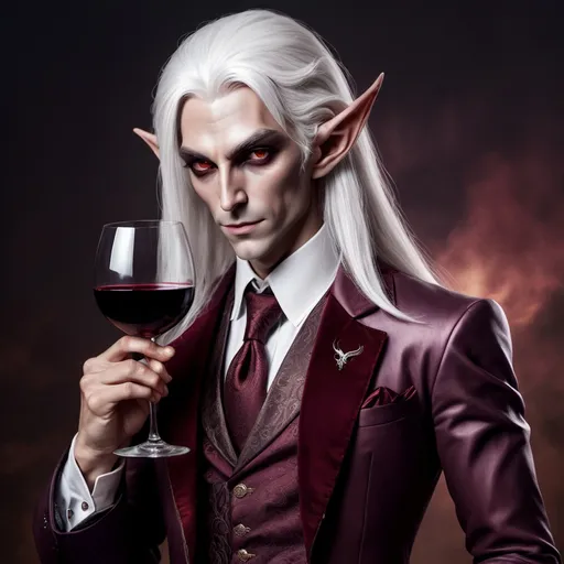 Prompt: Dark elf character portrait, long pointed ears, striking white hair, deep dark red eyes, elegant saddle rose suit and tie, confidently holding a wine glass, pointing to the side of his face, smoky ambiance. Inspired by renaissance artistry, intricate details, soft shadowing illuminating the features, exuding a mix of sophistication and mystery, in a high-resolution, ultra-detailed style. Perfect for showcasing a law office aesthetic: Charles Fremont Conner.