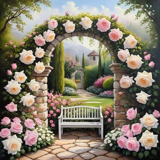 Prompt: Garden entry with arch trellis of white and pink roses, formal flower garden, rock wall, trellis, bench, oil painting, vibrant floral arrangement, high detail, realistic, pastel colors, natural lighting