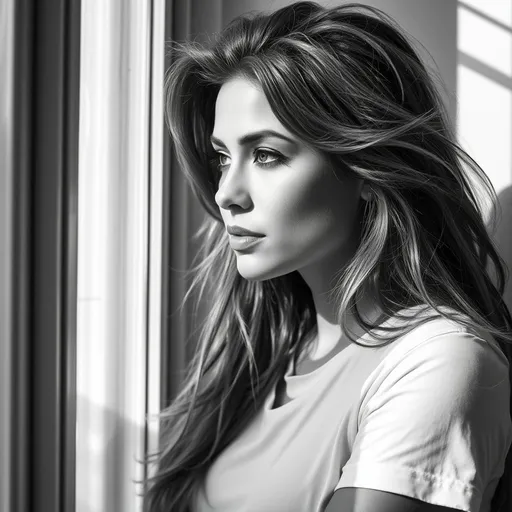 Prompt: photorealistic, (black and white), sophisticated woman, long tousled hair, (natural light), dynamic shadows and highlights, wearing a white t-shirt, gazing thoughtfully out of an outside window, bright sunny day ambiance, soft contrasts, subtle textures on skin and fabric, detailed background of window and white wall, (ultra-detailed), emotional depth in expression.