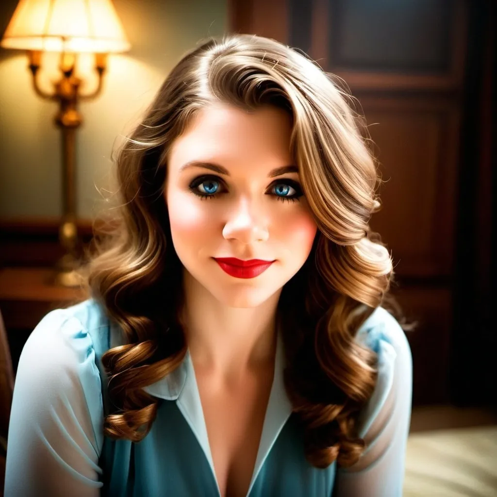 Prompt: Photorealistic (beautiful young woman), long wavy brown hair, natural soft blue eyes, dressed in 1940s glamour style, luxurious atmospheric setting, exquisite and elegant ambiance, opulent surroundings, warm and inviting colors, soft lighting, high-quality visual, ultra-detailed, captivating elegance