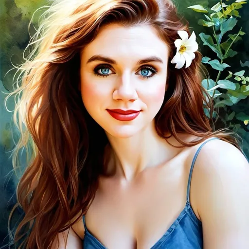 Prompt: Realistic gouache watercolor painting of a woman with a flower in her hair, long brown hair with auburn highlights, captivating blue eyes, soft and delicate features, vibrant and lifelike floral details, high quality, realistic style, warm color tones, soft natural lighting, detailed hair and eyes, elegant, traditional art, botanical elements, detailed and realistic, professional
