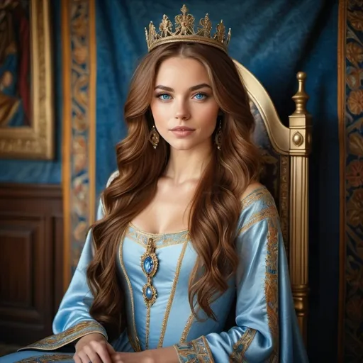 Prompt: Young beautiful queen with long wavy brown hair, auburn highlights, soft blue eyes, regal throne room inside castle, wide angle view, tapestry on wall, oil painting, royal attire, high quality, detailed, regal, medieval, soft lighting, warm tones, intricate tapestry, majestic presence