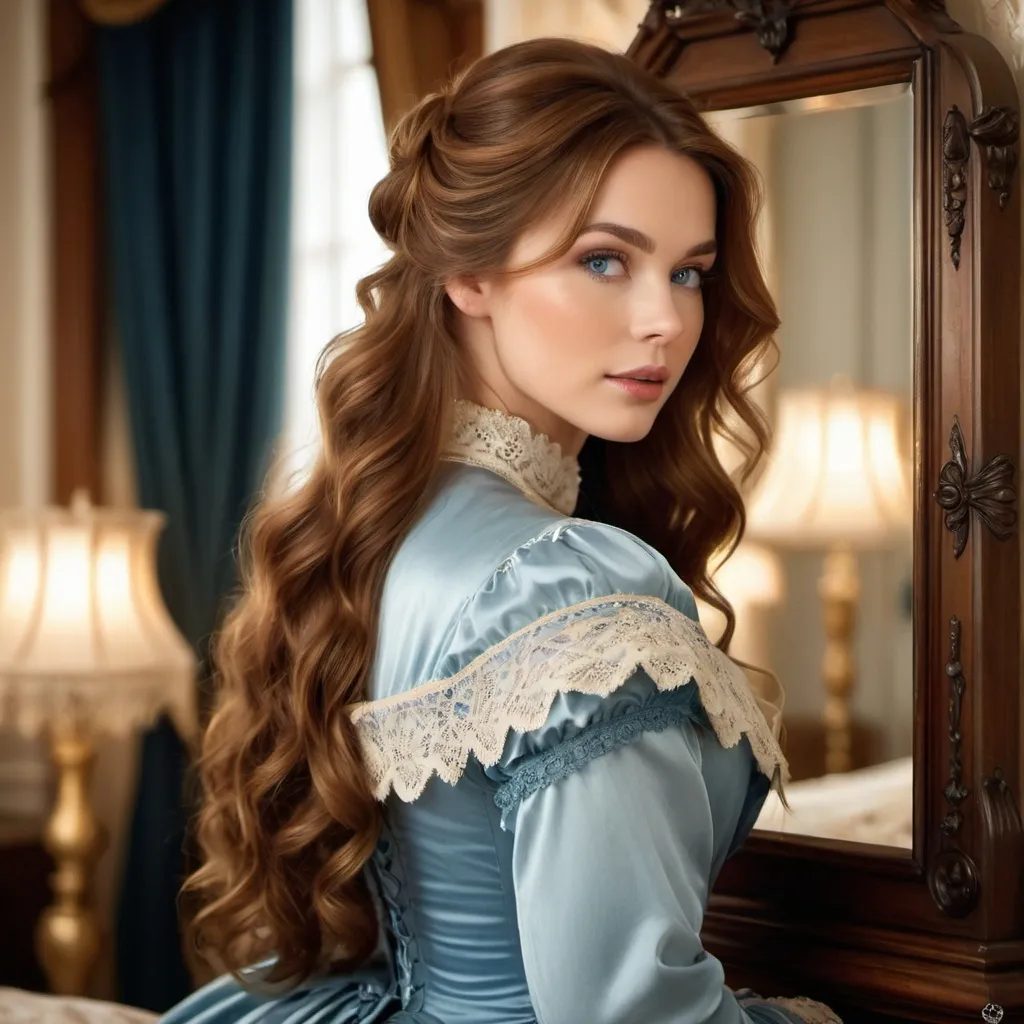 Prompt: Beautiful young woman, long wavy brown hair with auburn highlights, blue eyes, Victorian clothing, tall mirror, bedroom scene, highres, detailed, realistic, Victorian, elegant, warm tones, soft lighting, intricate details, antique mirror, vintage fashion, reflective surface