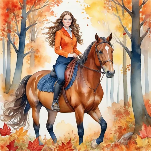 Prompt: (vibrant and colorful watercolor), full-length portrayal of a beautiful woman, long wavy brown hair, (natural blue eyes), wearing elegant equestrian 
clothing, riding a horse, set in a lush autumn forest with rich orange, red, and yellow leaves, soft natural lighting, enchanting ambiance, (ultra-detailed), whimsical and serene atmosphere, showcasing intricate clothing details and the vibrant forest scenery.