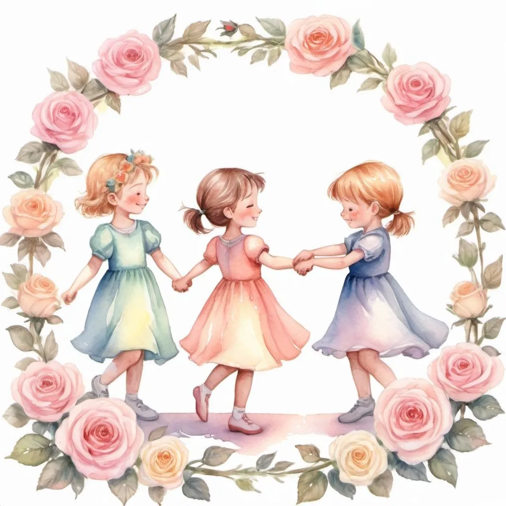 Prompt: Whimsical, children dancing ring around the roses, holding hands, cute, high quality, watercolor painting, pastel tones, soft lighting, detailed hand gestures, joyful expressions