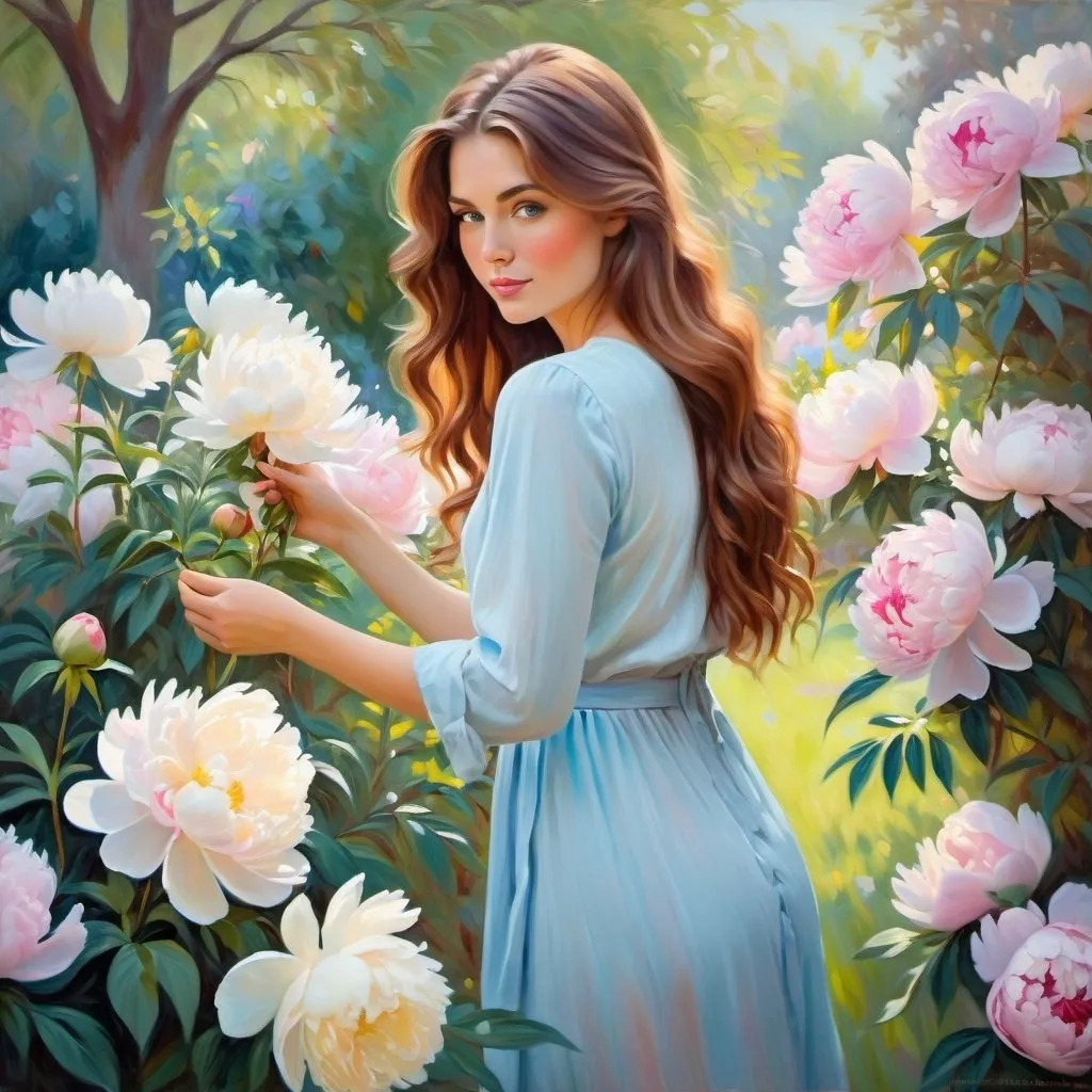 Prompt: Impressionist painting of a young beautiful woman with long wavy brown hair with auburn highlights and soft blue eyes picking peonies in a garden, trees, pastel colors, full body length 