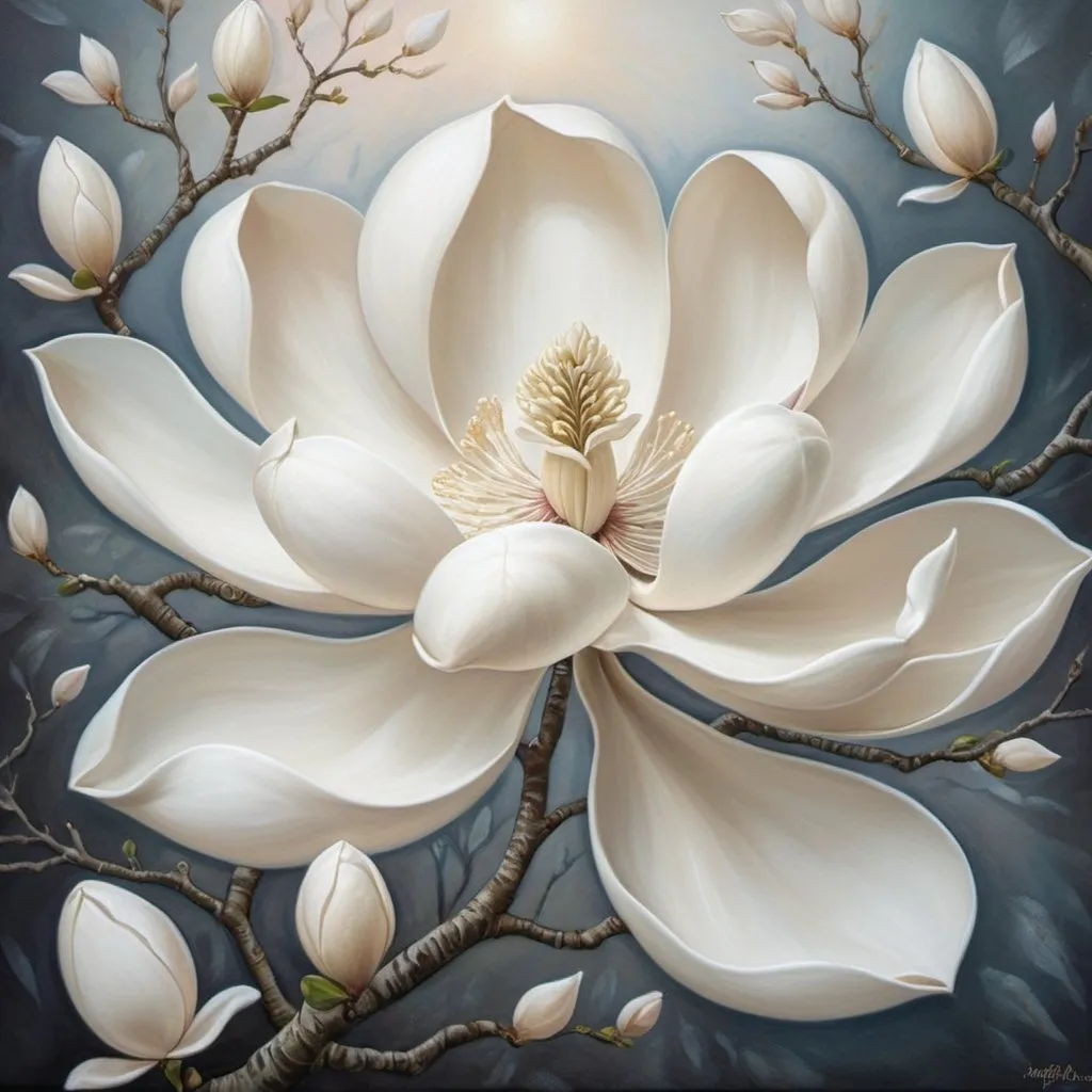 Prompt: Surreal white magnolia blossom painting, dreamlike atmosphere, intricate floral details, oil painting, high quality, surrealism, soft pastel tones, ethereal lighting, mystical, detailed petals, imaginative, art nouveau, whimsical, delicate brushstrokes, mystical, soft, serene, tranquil