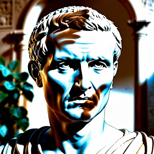 Prompt: Realistic depiction of Julius Caesar in ancient Rome, classical, detailed features, high-quality, ancient Roman, marble sculpture, realistic lighting, historical accuracy, regal expression, Roman senator attire, intricate marble carving, realistic texture, classical art, grandeur, parchment background, museum-quality, detailed eyes, noble, authoritative, classical sculpture, Roman history, professional lighting