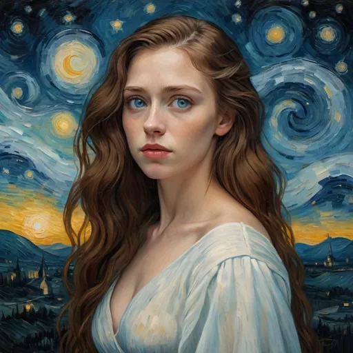 Prompt: Oil painting of a woman in a long white dress, long wavy brown hair, piercing blue eyes, gazing at a starry sky, Van Gogh style, full depth of field, high quality, oil painting, Van Gogh style, detailed facial features, dreamy atmosphere, starry night, full depth of field, intense gaze, serene, professional, atmospheric lighting, warm tones