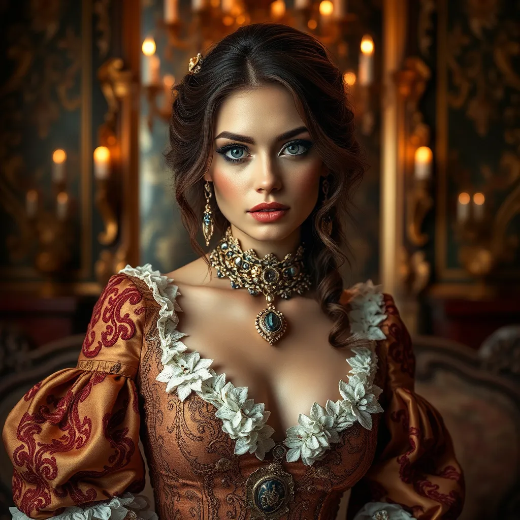 Prompt: (a stunning portrait), beautiful woman, baroque clothing, intricate details, opulent fabrics, luxurious setting, lavish backdrop, ornate decor, rich color palette, warm and inviting tones, softly diffused lighting, (highly detailed), expressive eyes, elegant pose, sophisticated atmosphere, captivating elegance, enchanting allure.