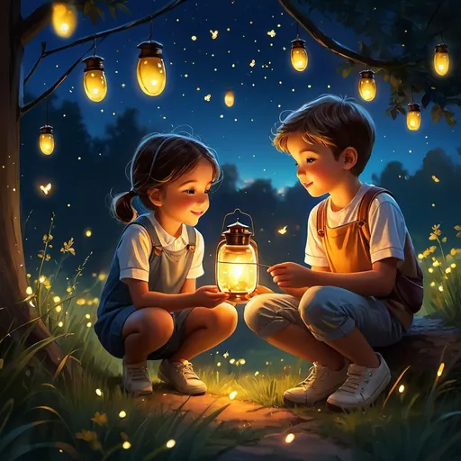 Prompt: Children catching fireflies at dusk, digital painting, warm and magical atmosphere, detailed expressions, soft glowing fireflies, serene and nostalgic, high quality, digital painting, warm tones, magical lighting, outdoor setting, detailed characters, dusk ambiance, nostalgic
