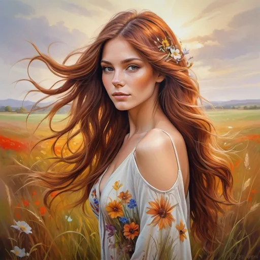 Prompt: Full-body painting of a woman with long flowing brown hair and auburn highlights, captivating gaze, detailed colorful field with flowers and grass, soft and warm tones, gentle breeze, high quality, realistic, natural beauty, enchanting, serene atmosphere