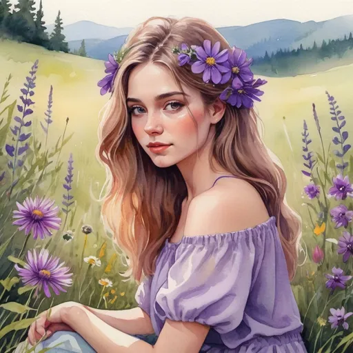 Prompt: Beautiful young woman with a purple flower in her hair, sitting in a meadow with wildflowers, gouache watercolor, vibrant colors, high quality, detailed hair and floral details, summer vibes, romantic, gouache watercolor, meadow setting, floral beauty, traditional art style, warm lighting, serene atmosphere