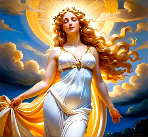 Prompt: Full body view of the Roman goddess Venus, vibrant oil painting, flowing golden hair, ethereal aura, soft and warm lighting, goddess stretching languidly, divine beauty, classical art style, rich and warm tones, heavenly atmosphere, ultra-detailed, oil painting, classical, goddess, vibrant colors, warm lighting, flowing hair, divine beauty, ethereal aura