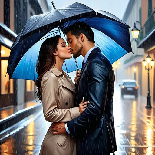 Prompt: Beautiful young woman, handsome man, umbrella kiss in the rain, serene, realistic painting, rainy day, romantic, high quality, detailed, serene, realistic, romantic, rainy day, kissing under umbrella, outdoor, professional, atmospheric lighting, full range of field