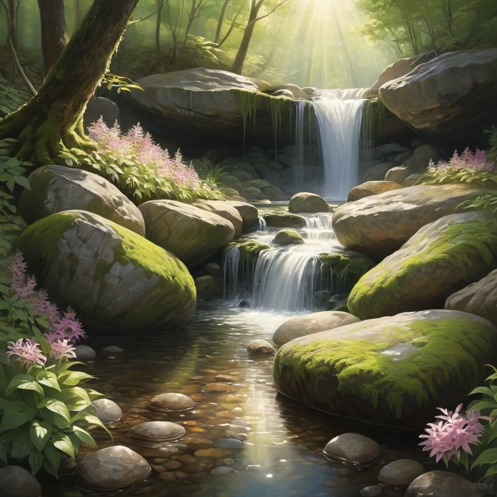 Prompt: Beautiful waterfall over rocks, stream, flowers on shore, wooded environment, sunlight through leaves, moss on rocks, ethereal atmosphere, high quality, realistic, ethereal, serene, sunlight through leaves, floral, wooded, detailed rocks, stream, professional, natural lighting