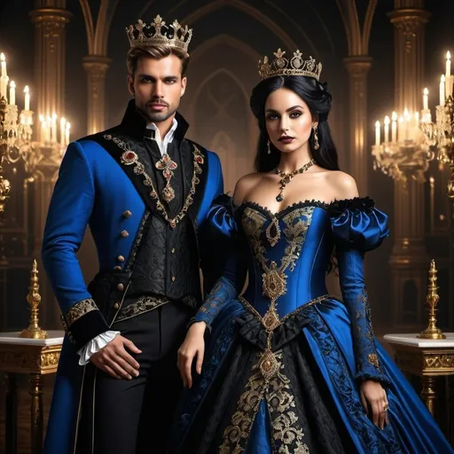 Prompt: Gothic-style beautiful queen and handsome king, royal attire, elegant poses, dark and dramatic, high resolution, detailed, gothic, royal, regal, majestic, elegant, ornate, dramatic lighting