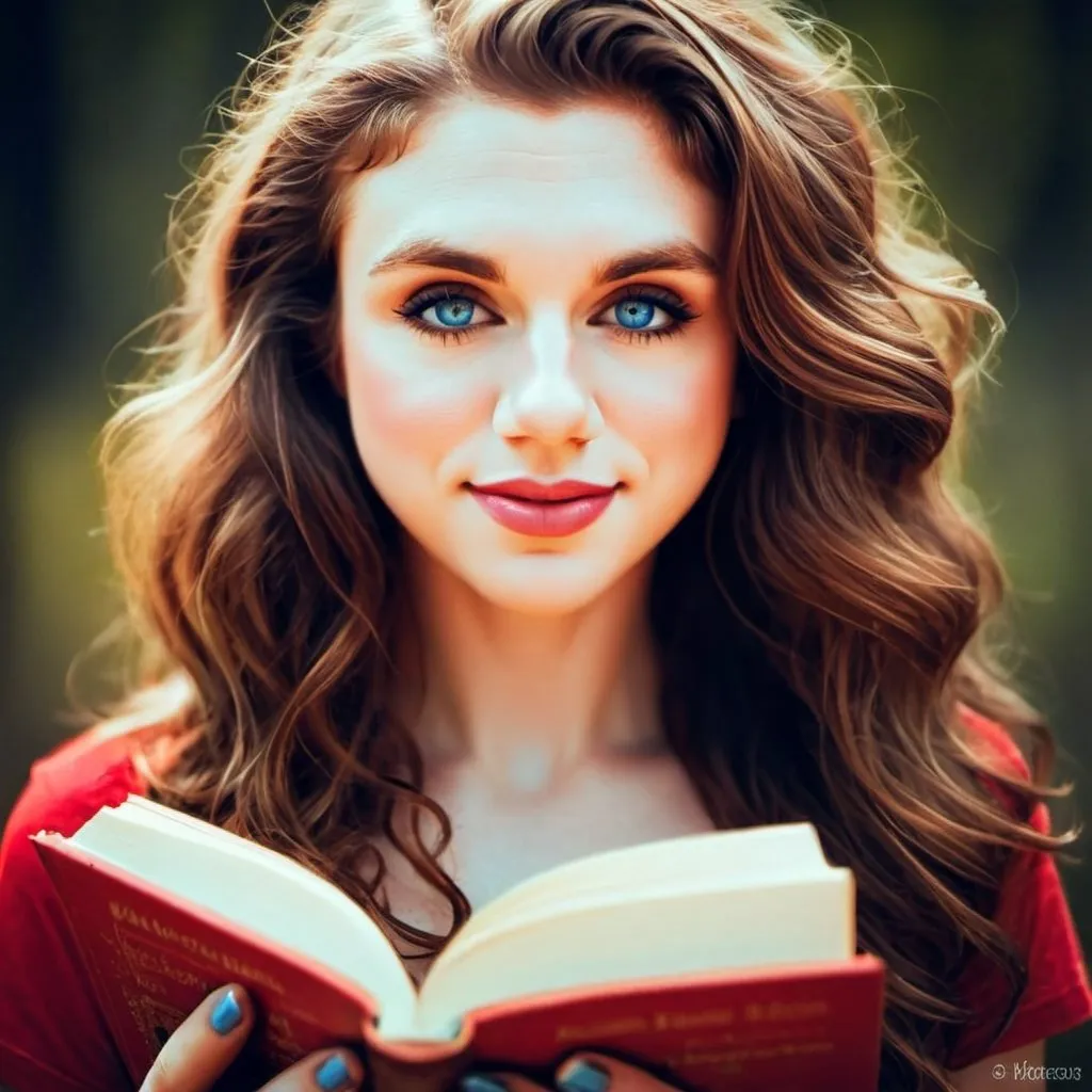 Prompt: Beautiful young woman with long wavy brown hair with auburn highlights and blue eyes, wearing a red t shirt and blue jeans, elegant, soft tones, high quality, realistic, romantic, detailed hair, serene atmosphere, soft lighting, book lover, fine art, peaceful ambiance