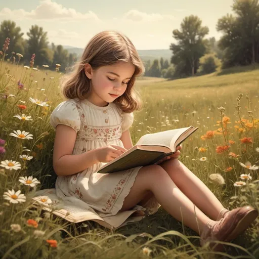 Prompt: Vintage illustration of a little girl reading a book in a meadow with wildflowers, detailed vintage style, warm and nostalgic tones, high quality, intricate linework, peaceful setting, classic, nostalgic, detailed meadow, serene atmosphere, vintage art, cozy, heartwarming lighting
