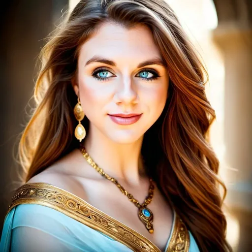 Prompt: Beautiful young Roman goddess with long brown hair with auburn highlights and soft blue eye, full length, ethereal aura, delicate features, intricate golden jewelry, flowing silk attire, high quality, detailed, portrait, Roman style, soft lighting, warm tones