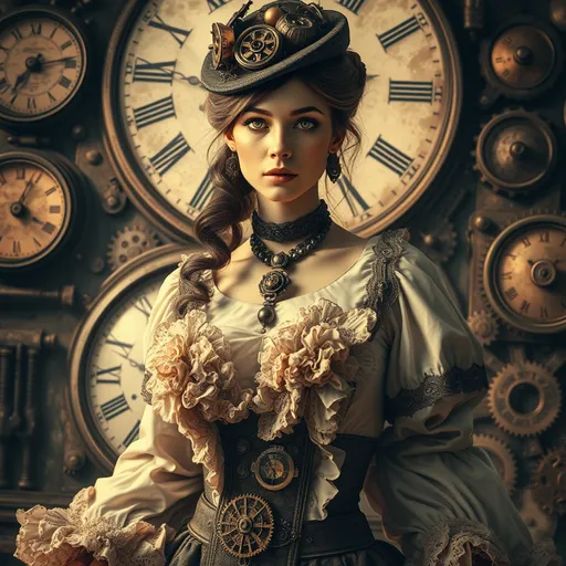 Prompt: (steampunk woman), (vintage sepia tones), intricate dials and gears, detailed clocks, exquisite steampunk clothing, elegantly layered fabrics, soft lighting, (whimsical atmosphere), rich textures, gears and machinery elements, background with industrial aesthetics, (ultra-detailed), (high-quality) artwork, captivating steampunk ambiance, nostalgic vibes beckoning to the past.